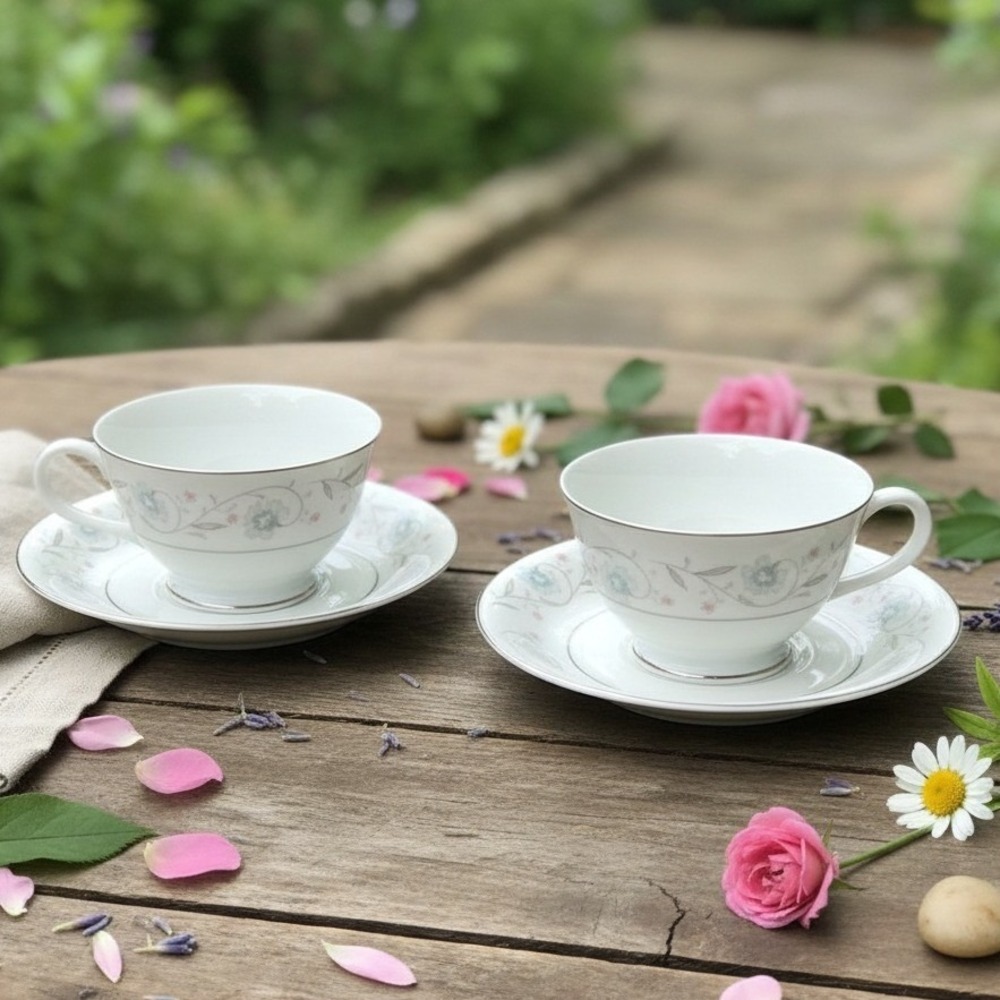 English Garden Floral Teacups & Saucers #1221, Four Piece Set Vintage Fine China